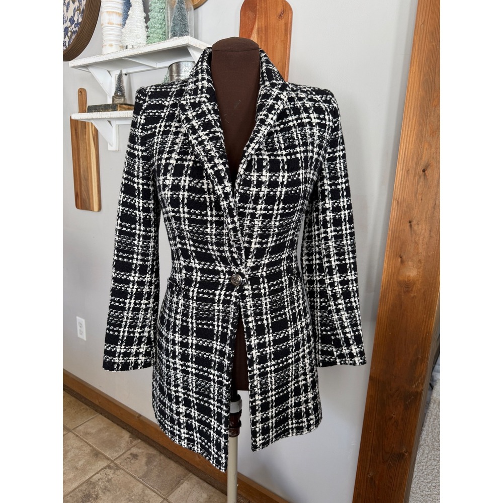 Zara Womens Black White‎ Plaid Tweed Longline Blazer Coat Jacket Size Small S